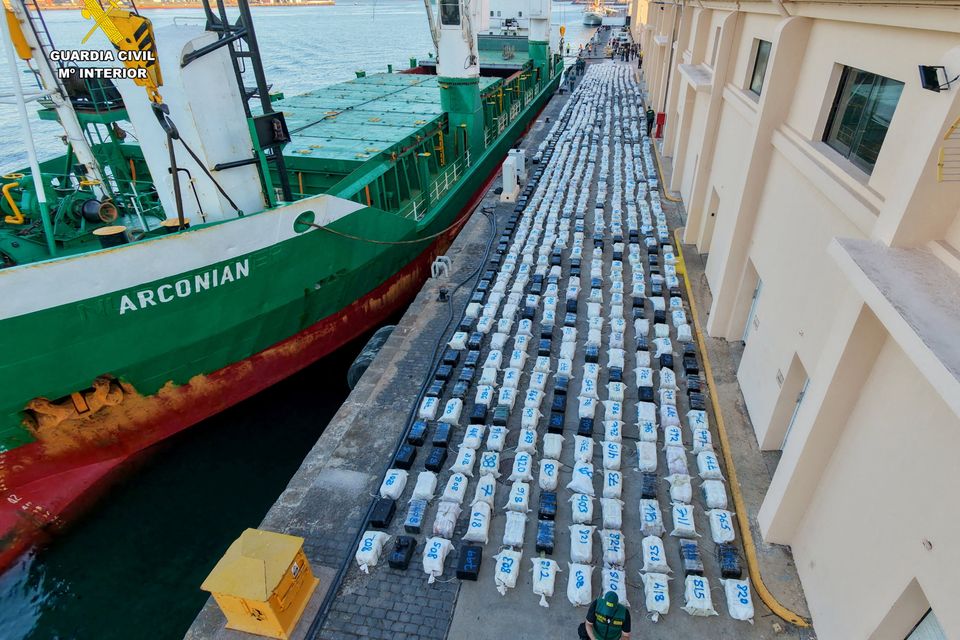 30 tonnes of cocaine seized by Spanish police from a ship off the Canary Islands. Photo: Guardia Civil/Reuters